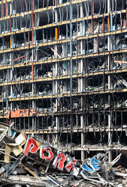 KYIV UKRAINE Mar 29 2022 War in Ukraine Shopping center that was damaged by shelling on 21 March by a Russian attack in Kyiv where according to emergency service at least six people died