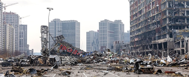 KYIV UKRAINE Mar 29 2022 War in Ukraine Shopping center that was damaged by shelling on 21 March by a Russian attack in Kyiv where according to emergency service at least six people died