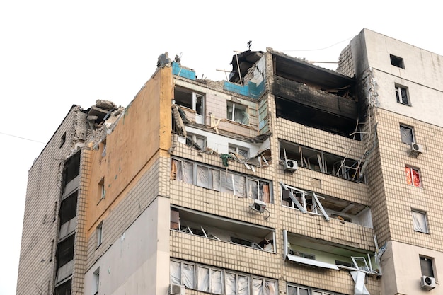 Kyiv ukraine mar 31 2022 war in ukraine residential building\
damaged by falling debris after russian rocket attack on kyiv