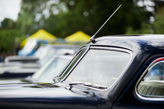 KYIV, UKRAINE - MAY 29, 2021 Vintage cars at an exhibition of retro cars in the Kiev Aviation Museum