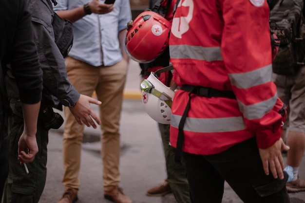 Kyiv, Ukraine, September 18, 2018. Storm a government office. A paramedic in a crowd of protesters.