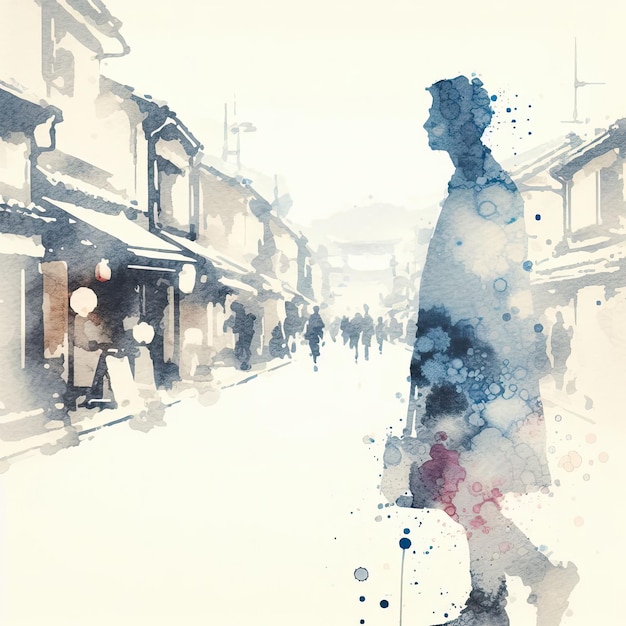 Kyoto Gion straatbeeld in splash inkt schilderen met Generative AI