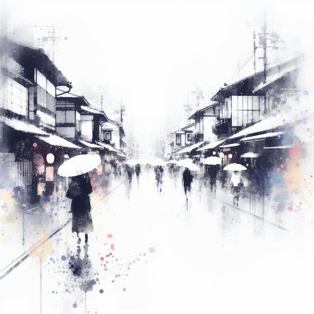 Kyoto Gion street view in splash ink painting with Generative AI