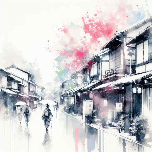Kyoto Gion street view in splash ink painting with Generative AI