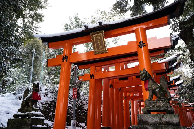 京都府 2023 年 1 月 24 日 伏見稲荷大社冬の屋根に雪が降る鳥居