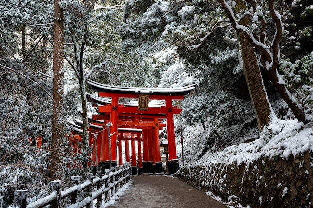 京都府 2023 年 1 月 24 日 伏見稲荷大社冬の屋根に雪が降る鳥居