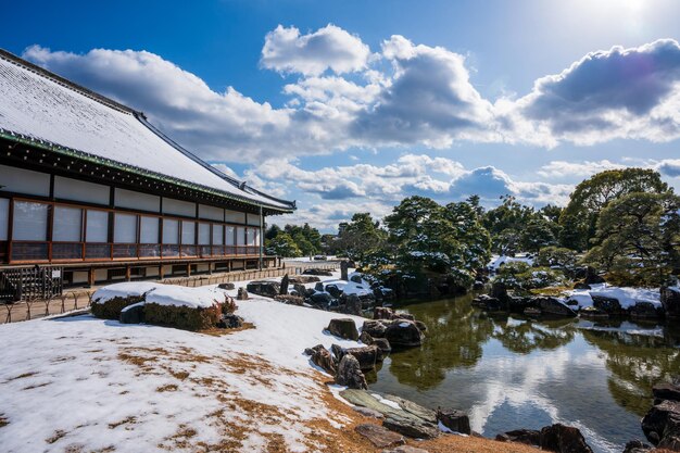 Kyoto japan january 24 2023 nijo castle ninomaru palace garden with snow in winter