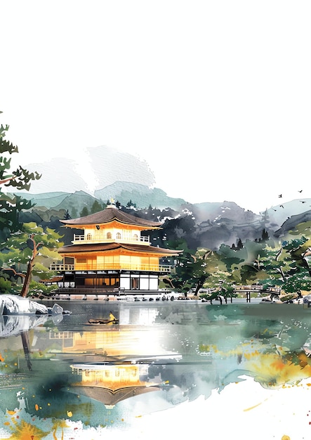 Kyoto Japan Kinkakji Golden Pavilion landscape watercolor wedding invitation template