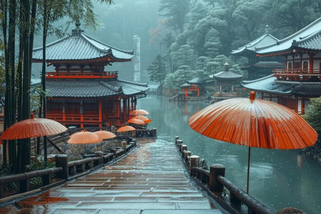 写真 京都の春の魅力 キモノのゲイシャ 竹の森から湖へ 陶器のボンサイ 柔らかい雨
