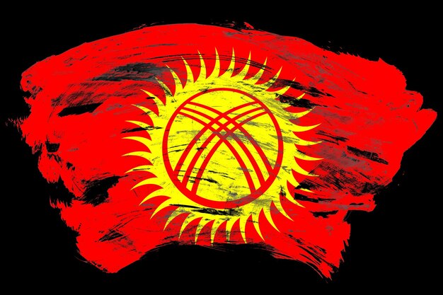 Kyrgyzstan flag on distressed black stroke brush background