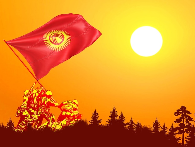 Kyrgyzstan national flag hoisting by brave freedom fighters veterans symbol of national independence