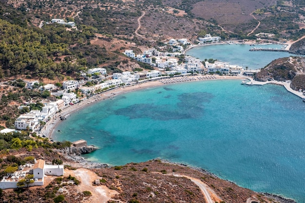 Kythira island greece aerial drone view of kapsali twin bay
coast beach and village