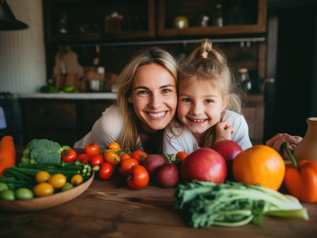 l young mother and daughter smiling contently behind the fine light colored wooden kitchen