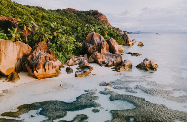 "La digue" eiland in de Seychellen. Zilverstrand met granietsteen en jungle. Mens die van vakanties genieten en op het strand ontspannen. Luchtfoto