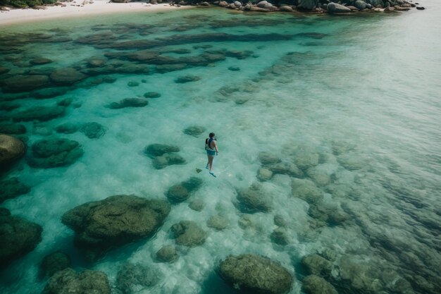 La digue island in seychelles silver beach with granitic stone and jungle man enjoying vacation