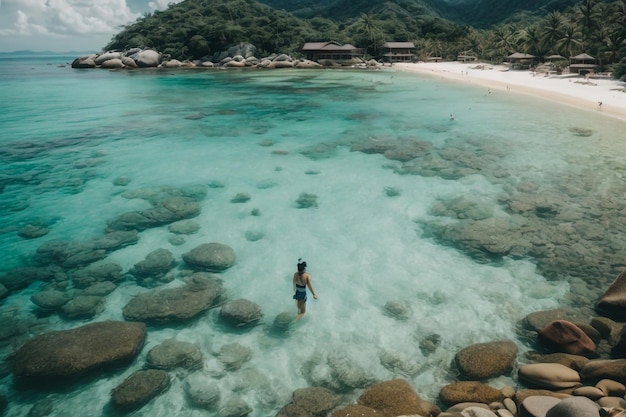 Остров Ла-Дигу на Сейшельских островах Серебряный пляж с гранитным камнем и джунглями Человек наслаждается отдыхом