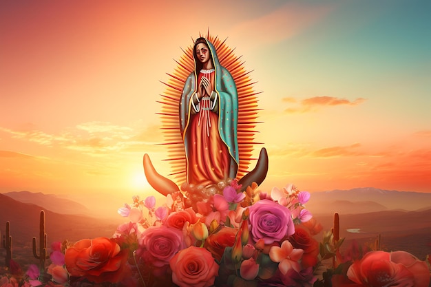 Foto la vergine di guadalupe in un maestoso paesaggio al tramonto