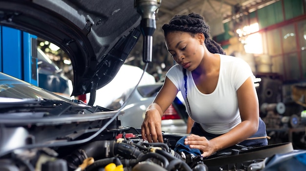 Laad elektrische stroom op naar ca-batterij door startkabels op te laden Afrikaanse monteur vrouw gebruikt multimeter voltmeter om het spanningsniveau in de auto-accu te controleren bij autoservice en onderhoudsgarage