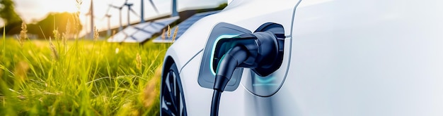 Laad EV-auto elektrische batterij op in concept van groene energie en eco-energie geproduceerd uit duurzame bron om te leveren aan laadstation om de CO2-uitstoot te verminderen