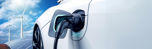 Laad EV-auto elektrische batterij op in concept van groene energie en eco-energie geproduceerd uit duurzame bron om te leveren aan laadstation om de CO2-uitstoot te verminderen