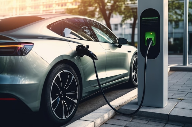 Laadstation voor elektrische auto's Auto wordt opgeladen met elektriciteit Hoogwaardige foto