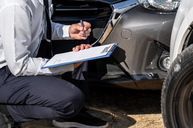 Foto laag gedeelte van de man die de details van de autoverzekering opmerkt.