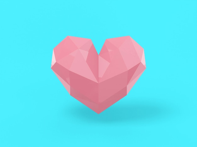 Laag poly roze één kleur hart op blauwe platte achtergrond. minimalistisch designobject. 3d-rendering pictogram ui ux interface-element.