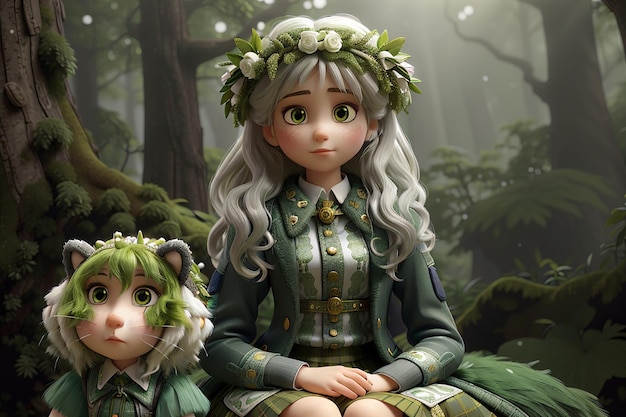 laag wenkbrauw kunst 10 jaar oud Victoriaans meisje zit in grijs mistig bos gekleed in leger groen Versace bont en mos rok