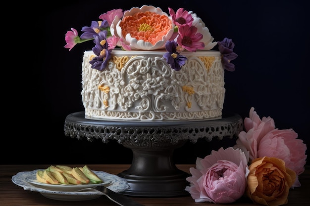 Laagcake met ingewikkeld scrollwerk en suikerbloemen gemaakt met generatieve AI