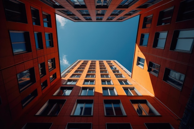 Laaghoekopname van een uniek hoog oranje gebouw dat de blauwe lucht raakt Generatieve AI AIG21