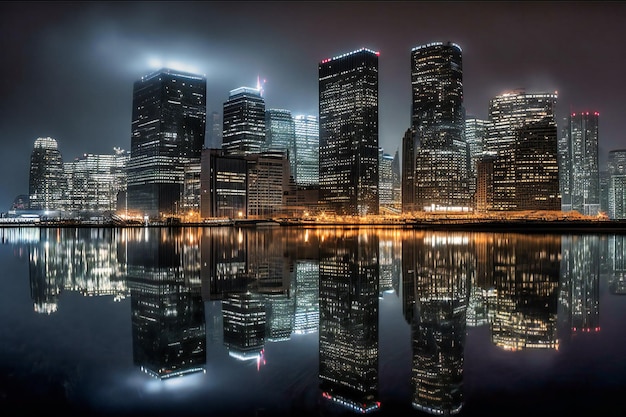 Laat het betoverende contrast zien tussen de donkere lucht en de verlichte reflecterende wolkenkrabbers in een nachtelijk stadsbeeld