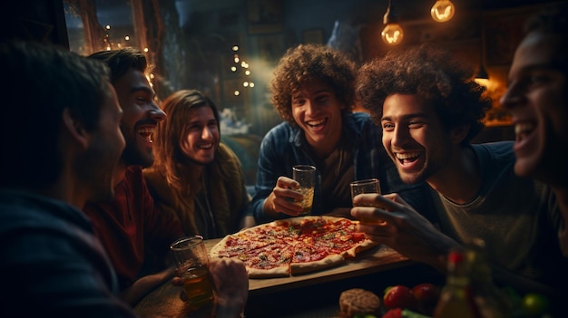Foto laat het feest beginnen groep jonge mensen die samen plezier hebben zittend in een grote lichte kamer met champagne en pizza vakantie vieren in groot gezelschap van goede vrienden