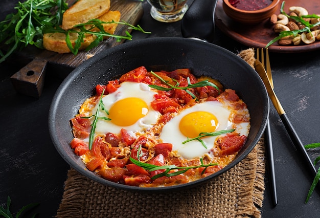 Laat ontbijt - gebakken eieren met groenten. Shakshuka. Arabische keuken. Kosher eten.