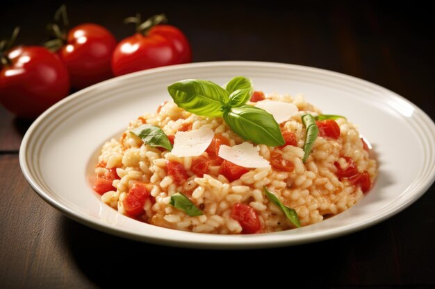 Foto laat uw gehemelte een culinaire reis ondergaan met deze heerlijke margherita risotto dompelen u in de fluweelachtige textuur van arborio rijst terwijl het moeiteloos de scherpe zoetheid verhoogt