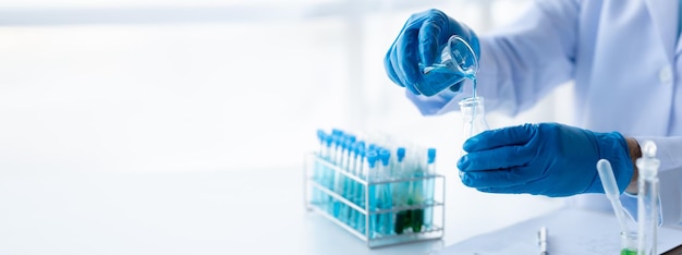 Lab assistant a medical scientist a chemistry researcher holds a glass tube through the blood sample does a chemical experiment and examines a patient's blood sample Medicine and research concept