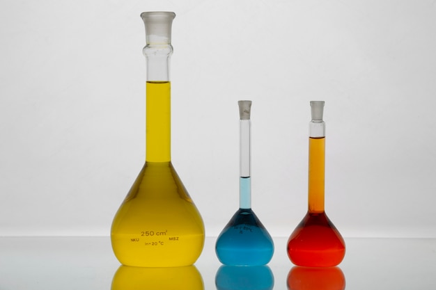 Lab glassware with colorful liquid still life