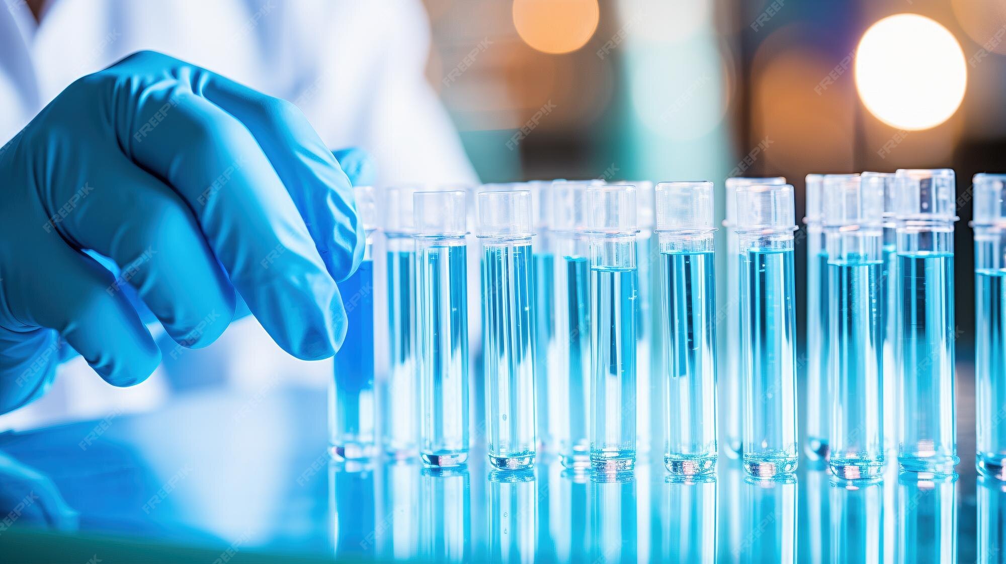 Premium AI Image  Lab latex gloves pharmaceutical vials ai generated biotechnology closeup image