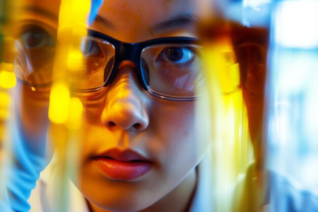 Photo lab personnel wearing glasses observing the consistency of thick oil