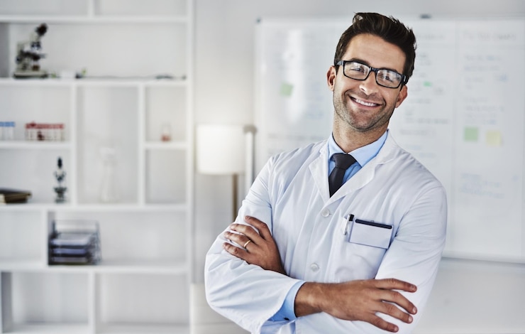 Photo lab portrait and smile of scientist arms crossed and proud of work to save world with medicine for healthcare hospital medical professional and man with glasses happy and confident of science