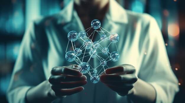 Photo lab researcher holding complex network ai generated biotechnology closeup image