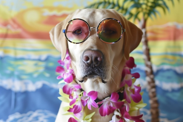 Photo lab in round shades with a lei around its neck