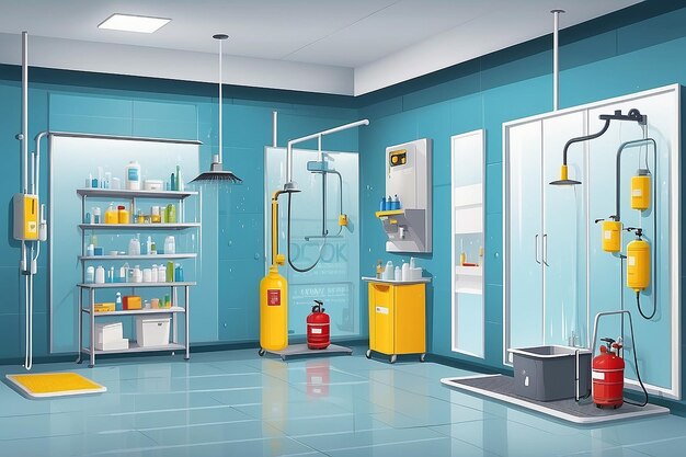 Lab Section with Safety Showers Vector Flat Style Illustration