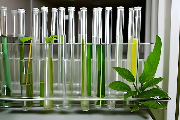 A lab shelf with test tubes and a plant with a green leaf.