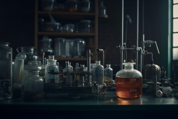 A lab table with a lot of glass bottles and a bottle of liquid.