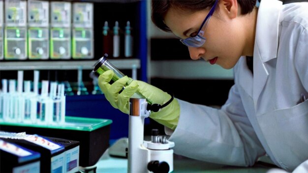 A Lab Technician Examines Test Tubes and Utilizes a Microscope for Analysis