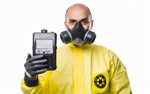 Photo lab technician holding a geiger counter