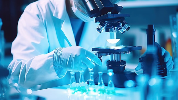 a lab technician in a mask examines test tubes and utilizes a microscope for analysis