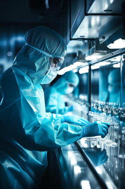 Lab technician safely handling viral strains behind protective glass barrier