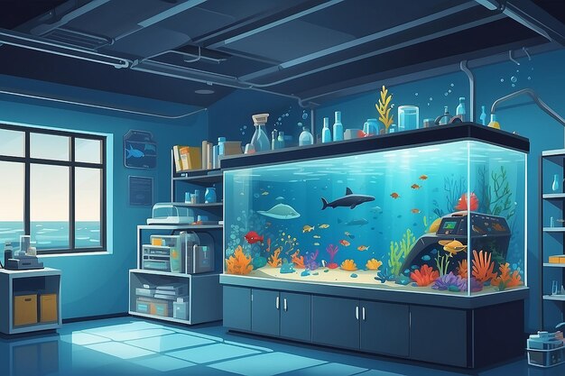 the lab with a dedicated area for studying the impact of microplastics on marine life vector illustration in flat style