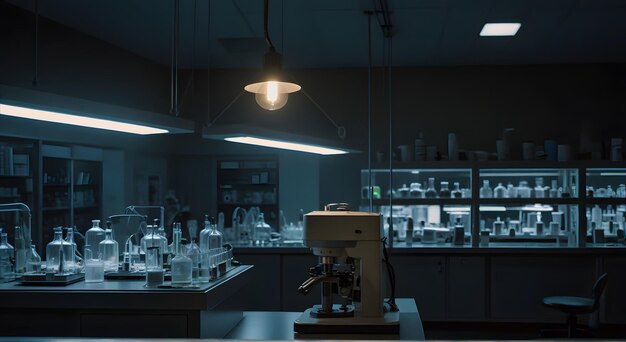 a lab with a light on it and a light hanging from the ceiling